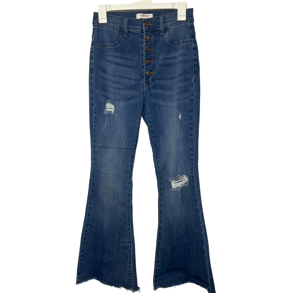 Vibrant MIU Women Blue Distressed High Rise Button Fly Flare Jeans Size 9 W28